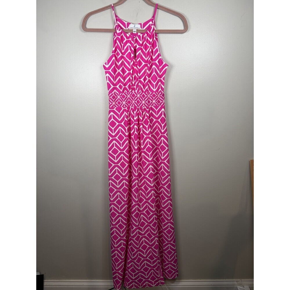 Jude Connally Lisa Maxi Dress Size XS Pink White Geometric Halter Keyhole Stetch